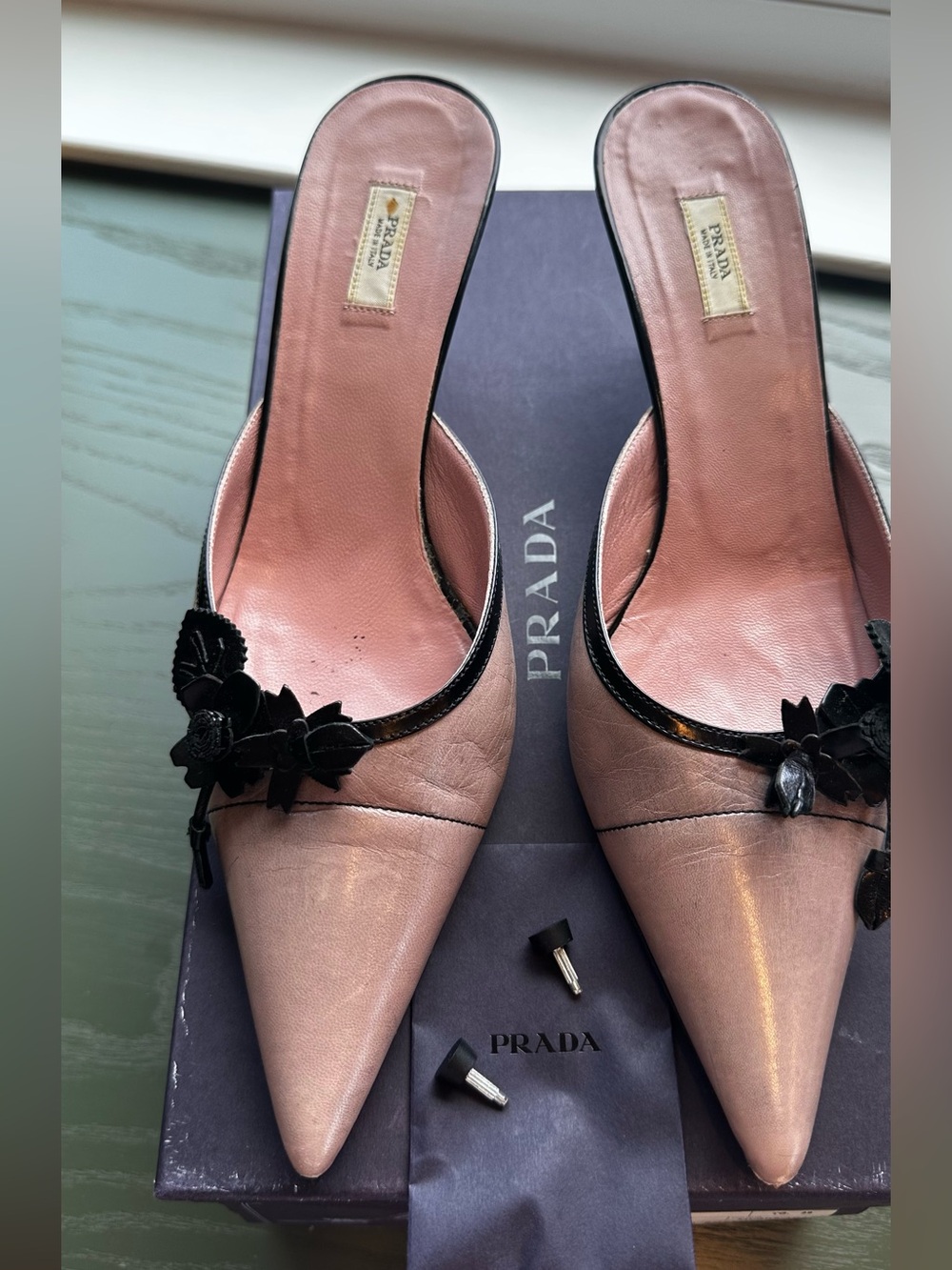Prada Pink Pointed-Toe Slip-On Mules with Black Floral Trim - Picture 16 of 16